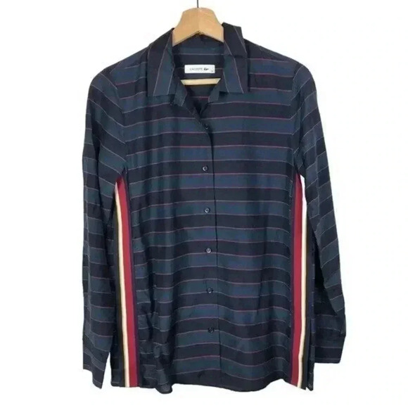 Lacoste Blue & Pink Stripe Accent Ribbon Long Sleeve Button Down 36/XS - Picture 1 of 4